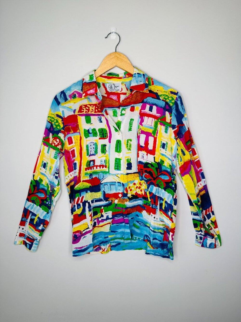 Michael Leu Long Sleeve Button Up Womens S Silk Vintage Colorful Watercolor Abst